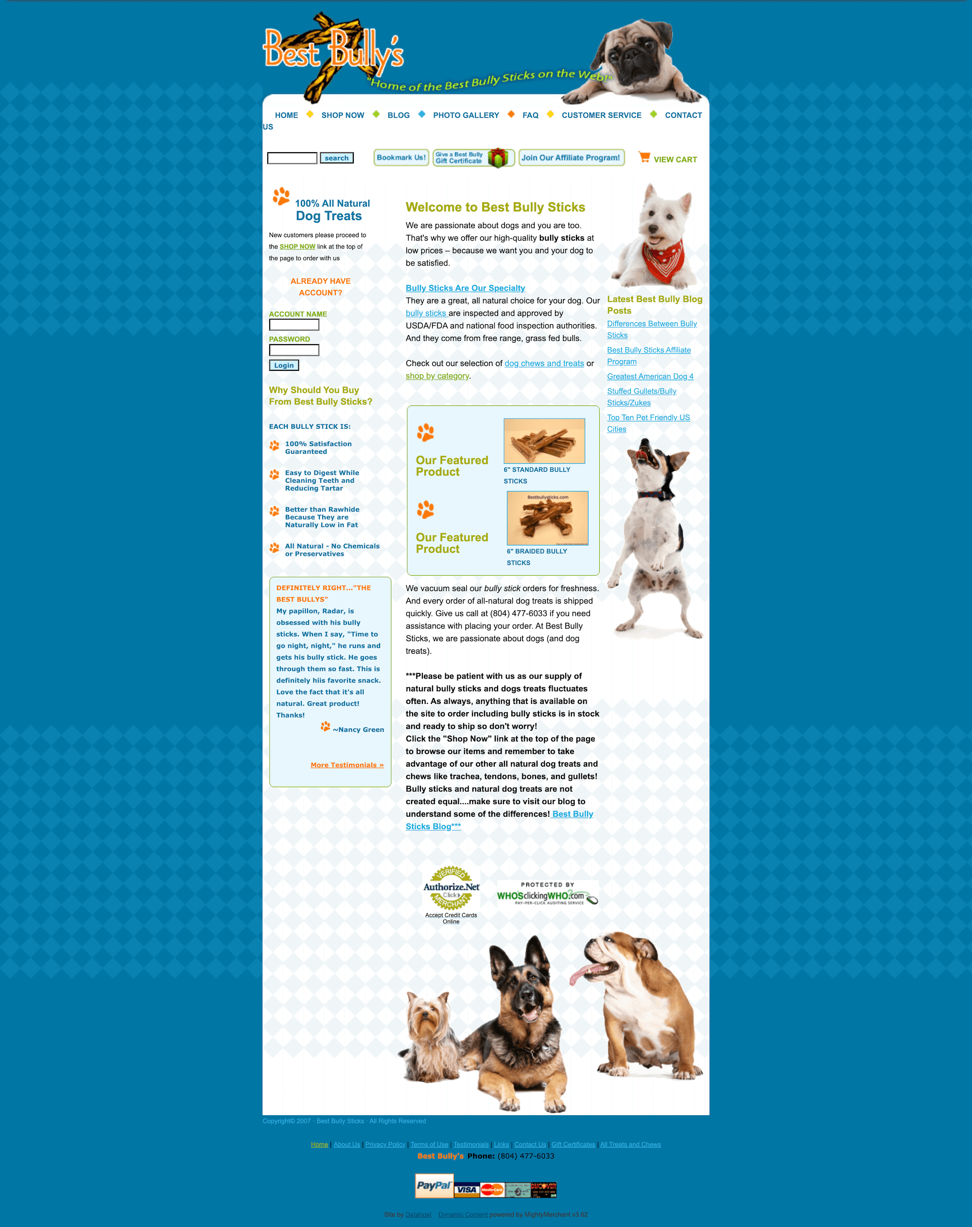 a screenshot of the original bestbullysticks.com website. Blue background, basic design elements.